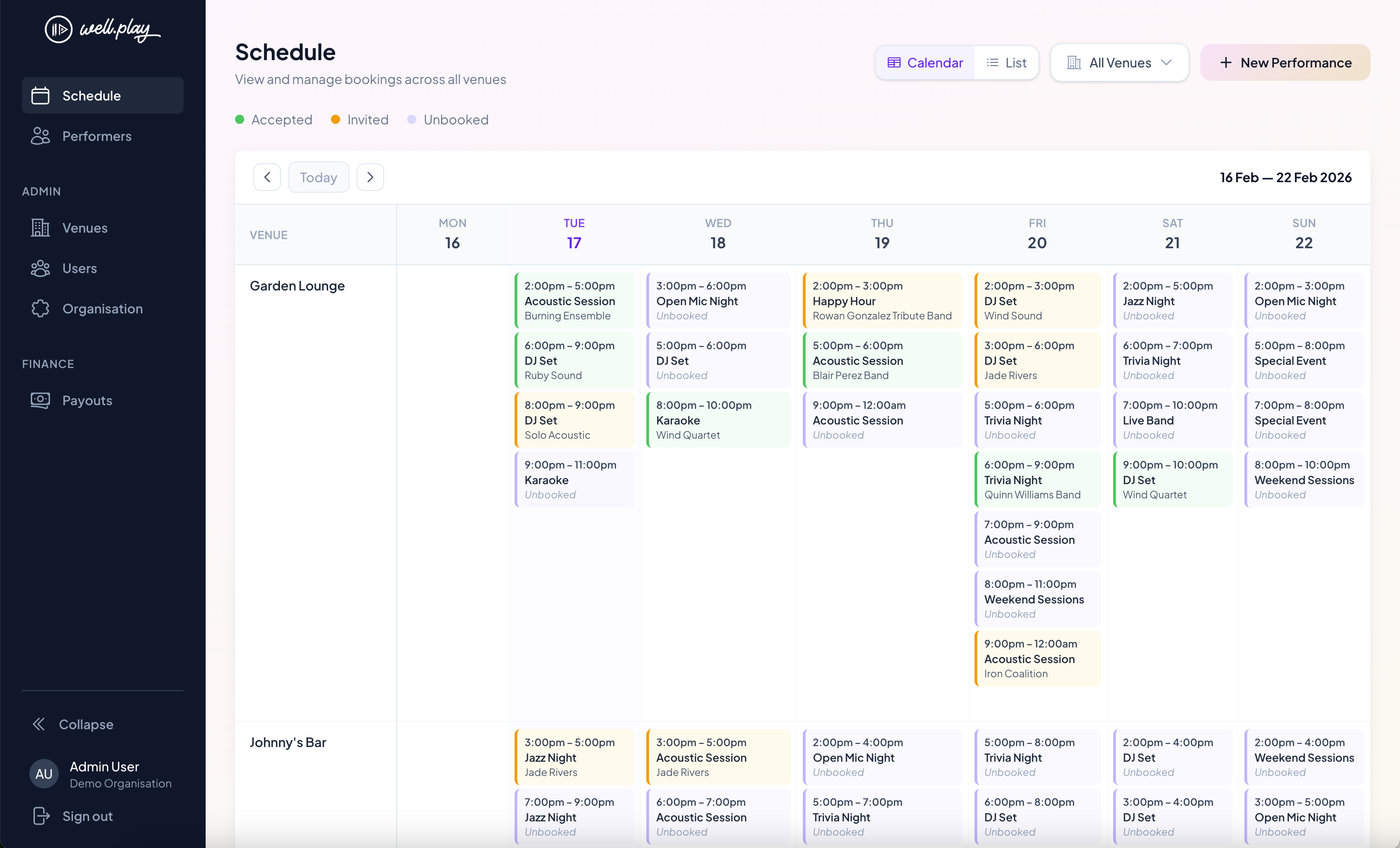 Wellplay scheduling interface